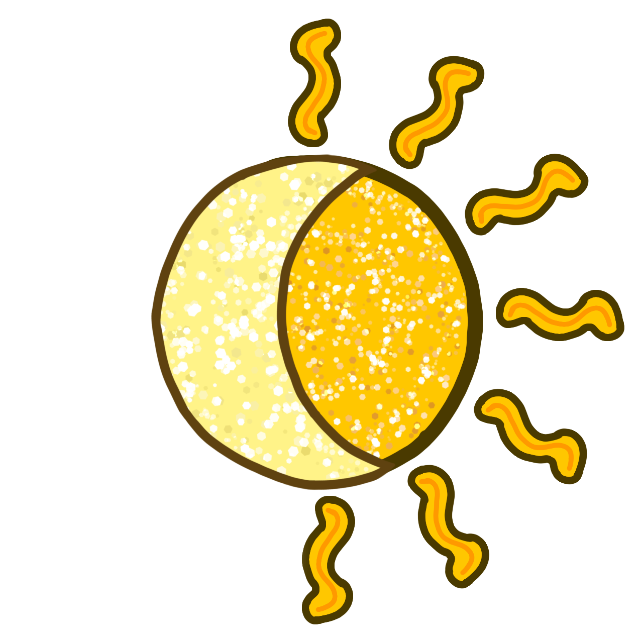 a cartoonish sun and moon combination with glitter-like texture in the middle and sun rays shining out from the sun side.  The sun is an orange-yellow and the moon is a very pale yellow. Both have a brown outline.